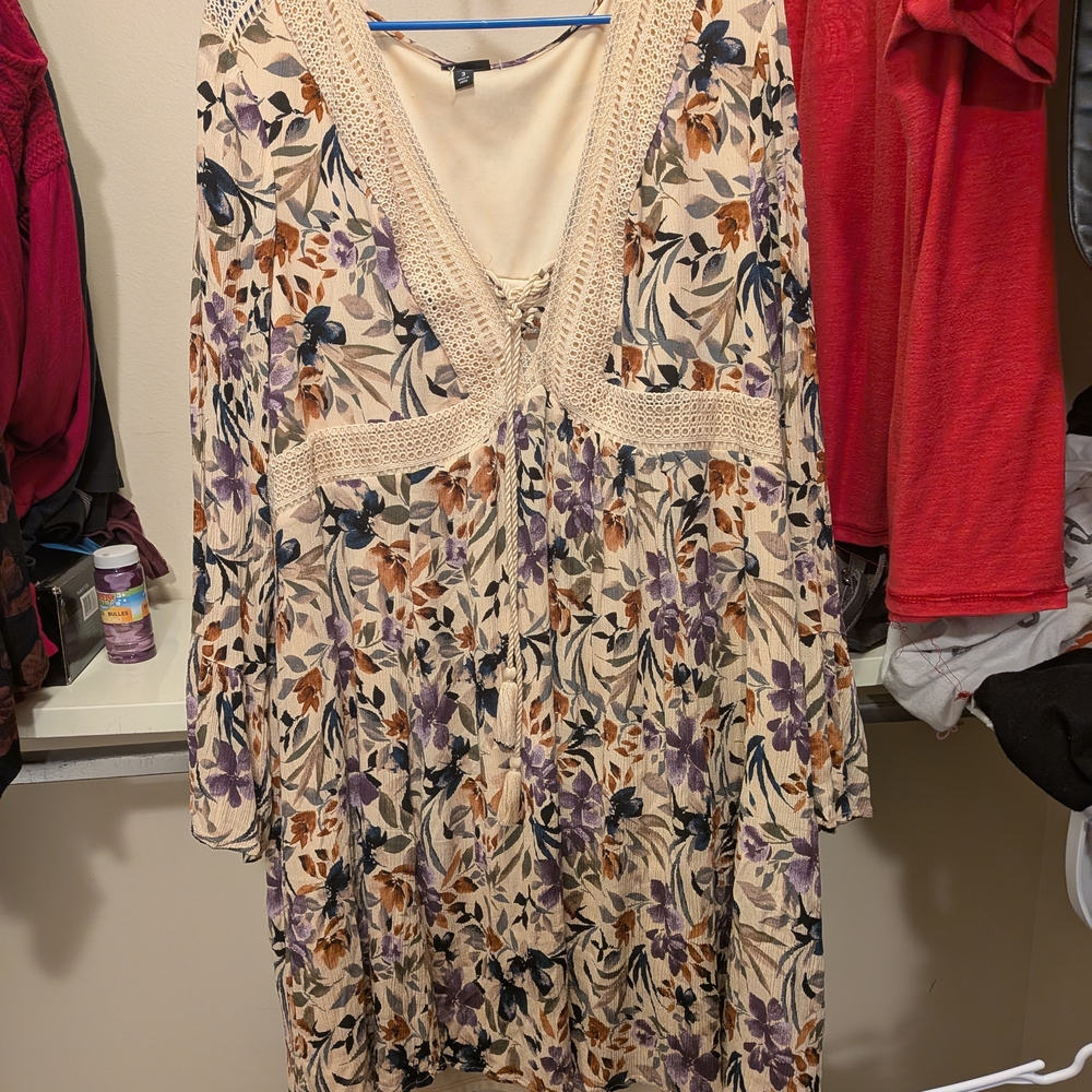Torrid Cream and Purple Floral Long Sleeve Dress